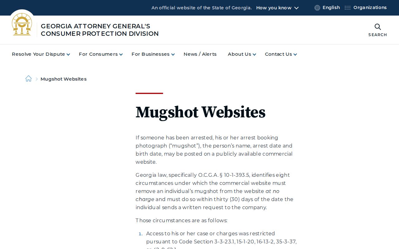 Georgia Attorney General guidance about Baker County mugshot records and removal law