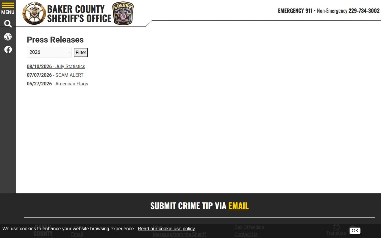 Baker County Sheriff's press release archive for official local crime news