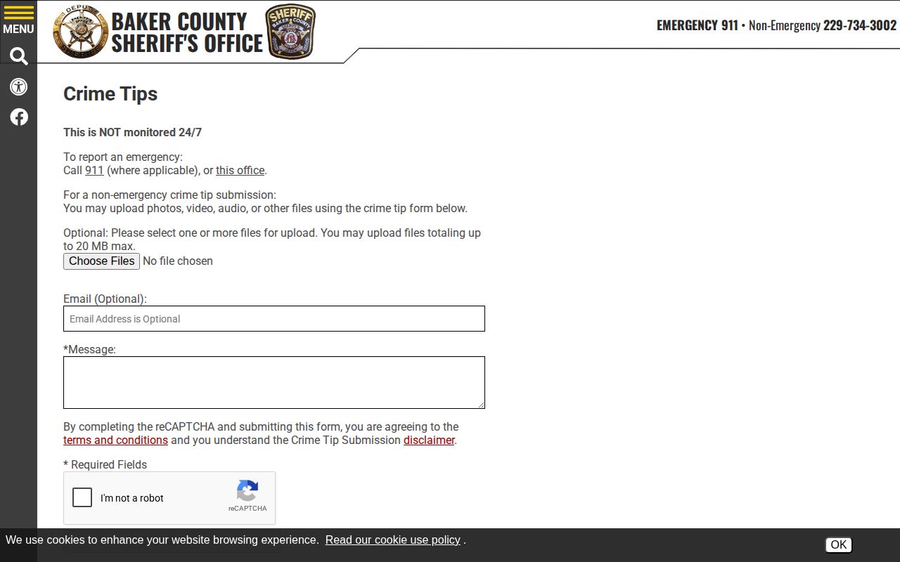 Baker County Sheriff's official crime tip form for wanted information
