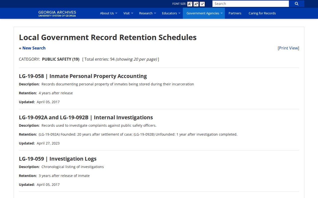 Georgia Archives jail booking retention schedule relevant to Baker County records